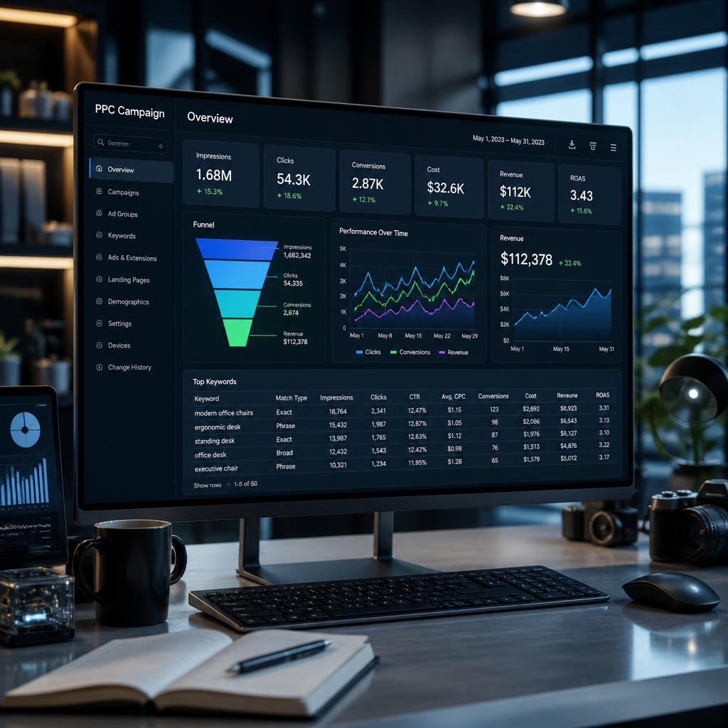 A sleek analytics workspace showing a pay-per-click campaign dashboard with funnel visualizations, keyword tables and revenue graphs on a large monitor, surrounded by futuristic office equipment, cinematic depth of field, ultra realistic