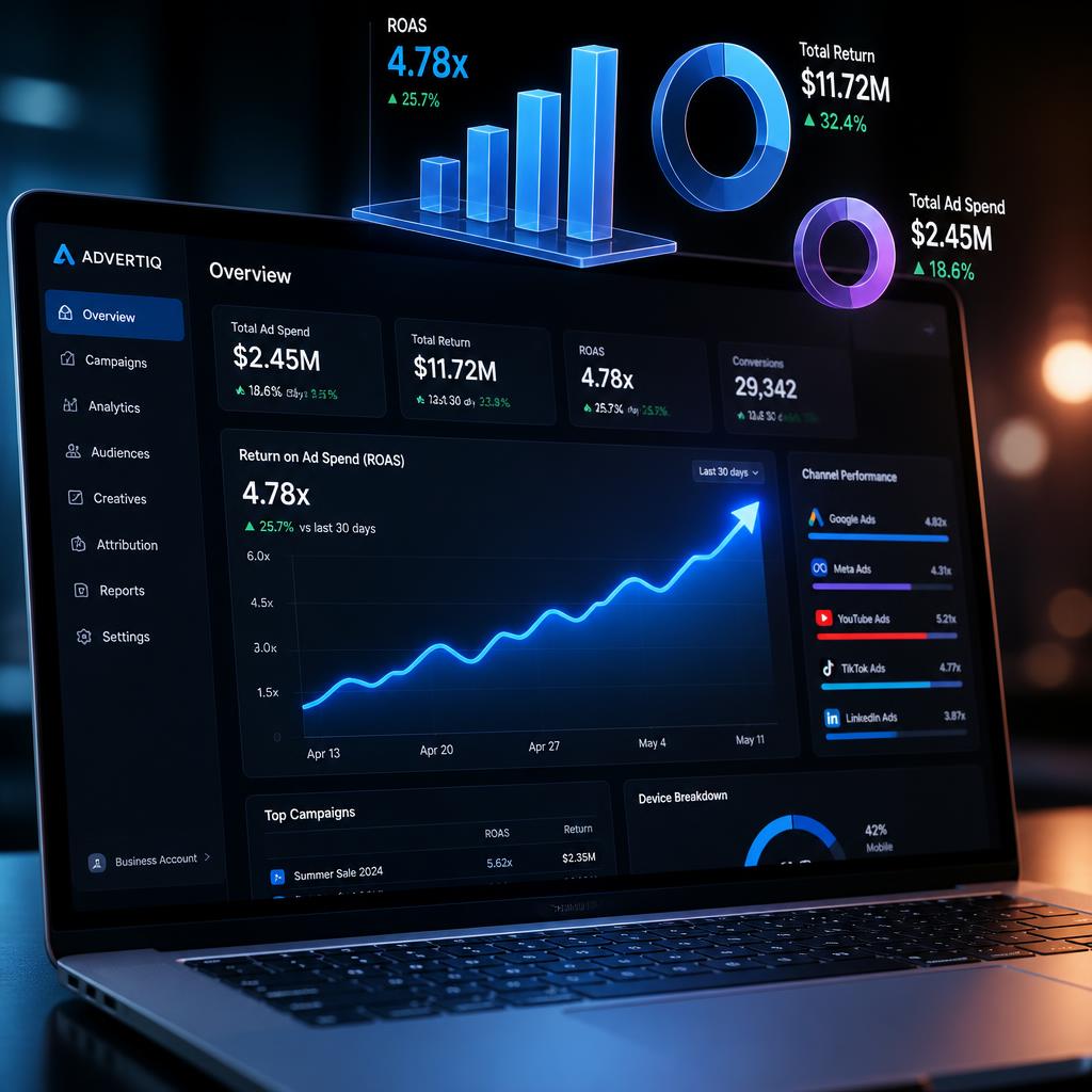 A close-up view of a laptop screen showing a rising growth curve of advertising return metrics, floating 3D bar charts and ring diagrams above the screen, dramatic studio lighting, ultra sharp, modern corporate technology aesthetic